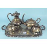 A silver plated tea set plus a foliate engraved twin handled tray