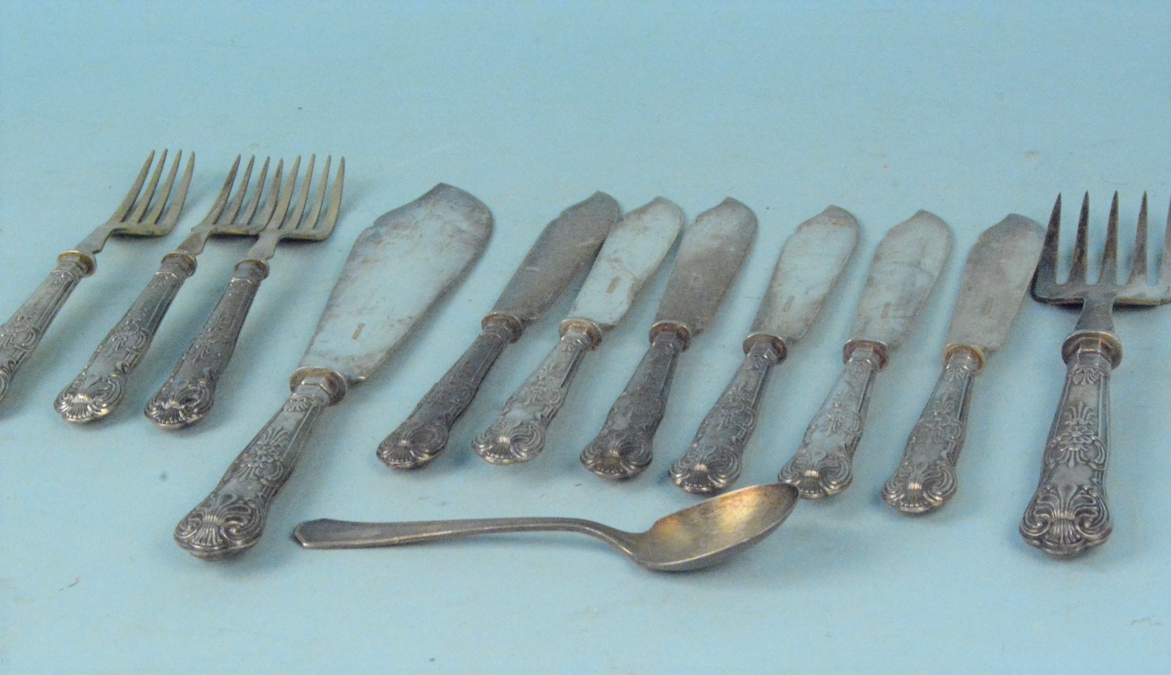 A part silver plated fish service and serving set,