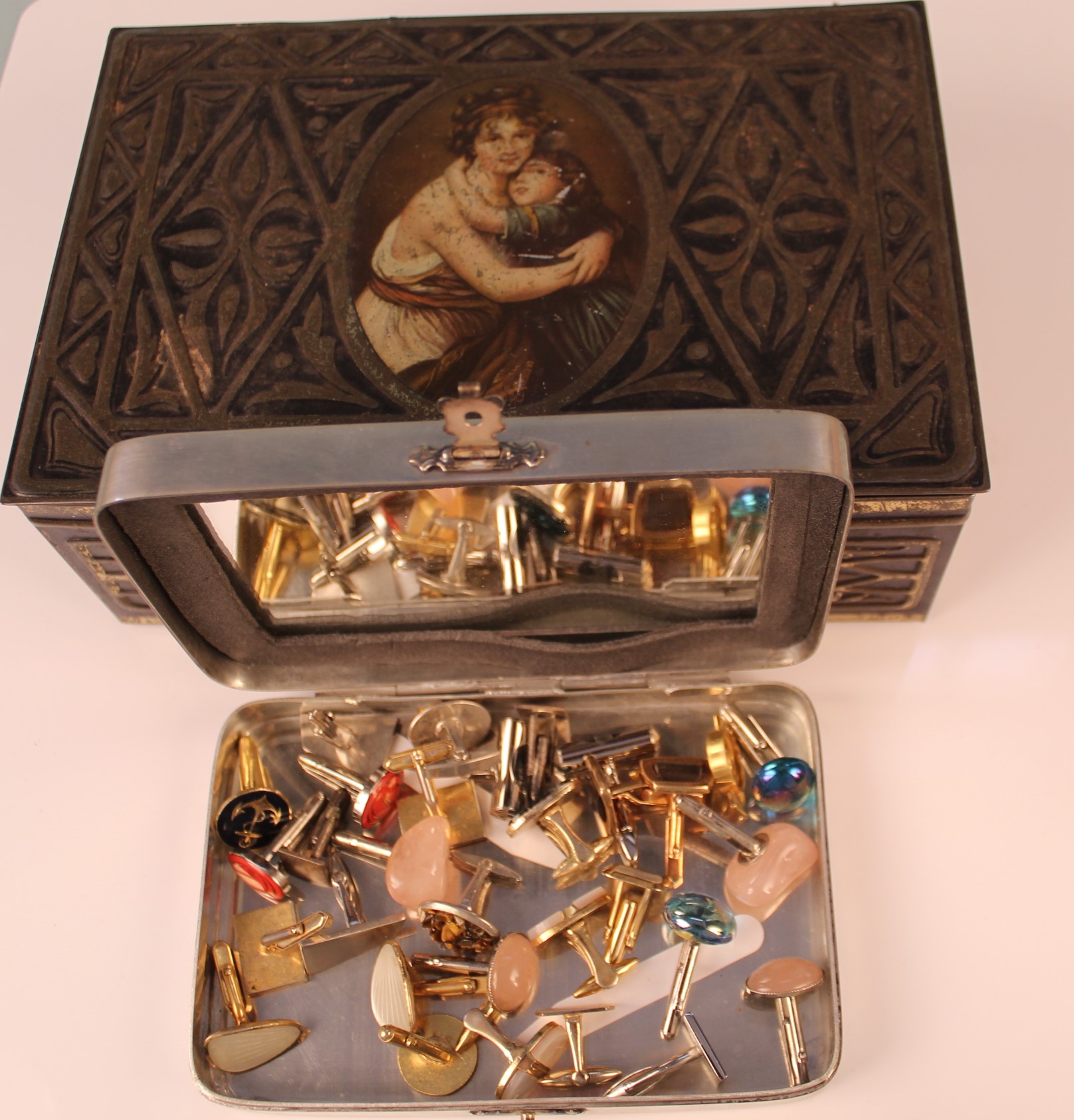 A Mackintosh's tin of mostly metal costume jewellery and a quantity of cufflinks - Image 2 of 2