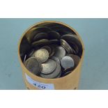 A cigar tin full of mixed world coins including a few silver