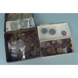 A small box of mainly GB coinage, a tin of mixed coins and banknotes,