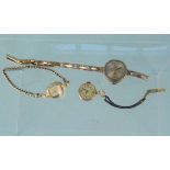 Three 9ct gold cased ladies wristwatches (all as found), one on 9ct gold expandable strap,