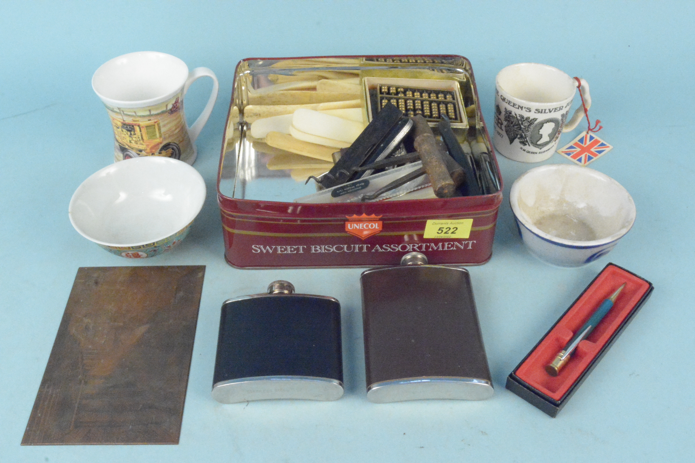 Assorted items to include a gold filled Parker pen, Chinese bowl, hip flasks,