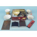 Assorted items to include a gold filled Parker pen, Chinese bowl, hip flasks,