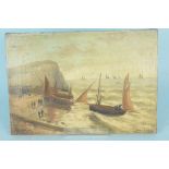 An unframed oil on canvas of a beach scene with beached fishing boasts and fishermen,