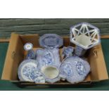 A decorative selection of Adams blue and white ceramics including a large pierced vase, 31cm tall,