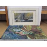 A watercolour of a seascape, 24cm x 48cm and a large abstract oil on canvas of a woman in space,