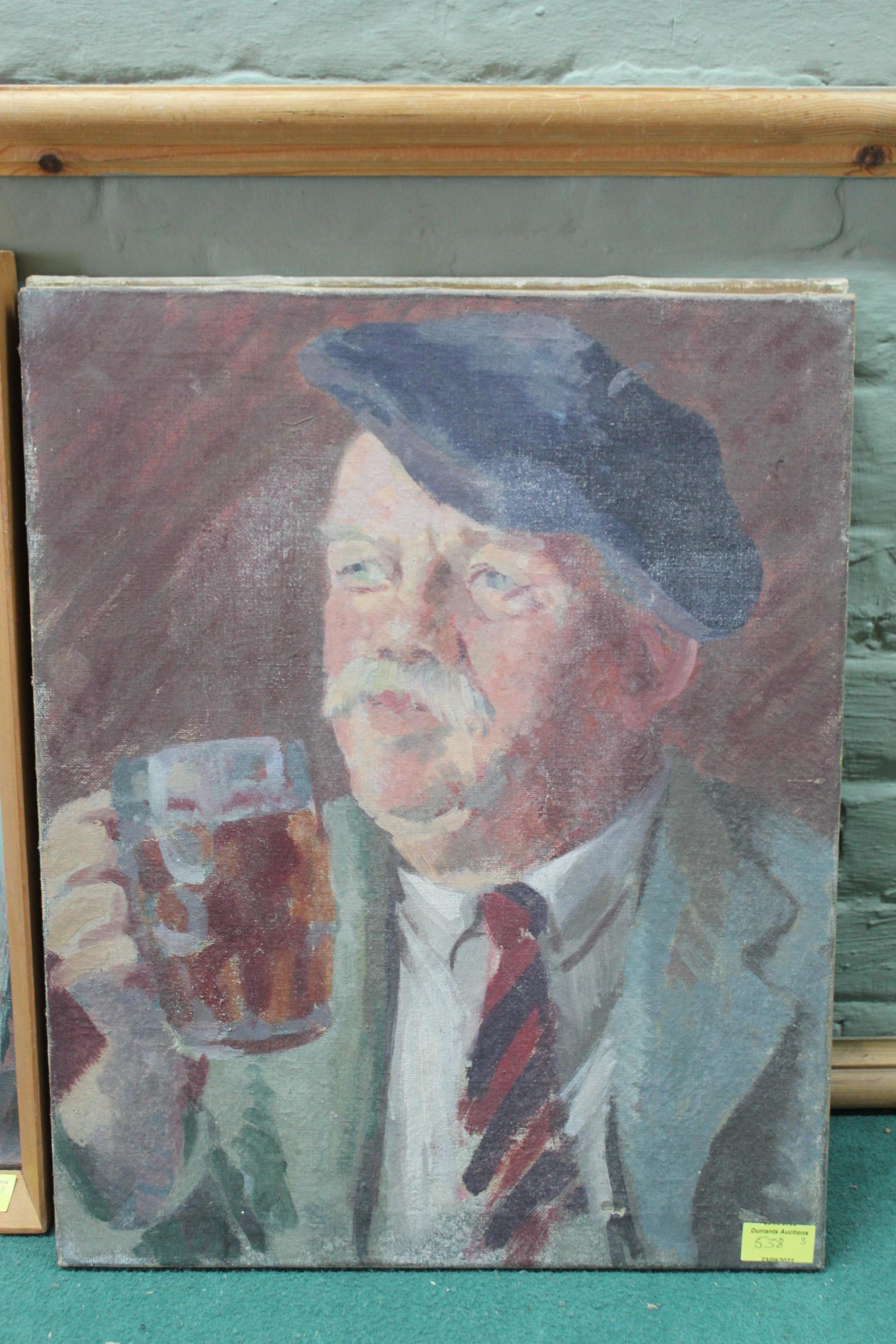 Two unframed oils on canvas of a priest and an elderly gentleman drinking beer plus a framed oil on - Image 2 of 3