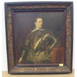 A framed oleograph portrait of a young aristocrat dressed in a steel breast plate,