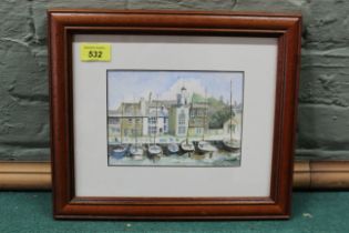 A framed watercolour of boats moored on the River Stour at Wivenhoe, 17cm x 12.