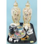 Mixed ceramics including a pair of continental lidded vases,