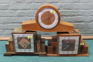 Two Art Deco period wooden cased mantel clocks (one has loose front glass) plus a retro Smiths