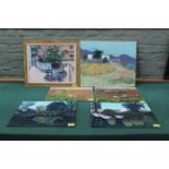 An unframed oil on canvas of a churchyard, a pair of unframed oils on board of pigs and pig pens,