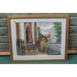 Bob Hurley, framed watercolour of figures with dog, Suffolk street scene, 38.5cm x 28.