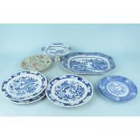 Oriental blue and white plates and a meat dish, a Canton green enamelled hand painted plate, 22.
