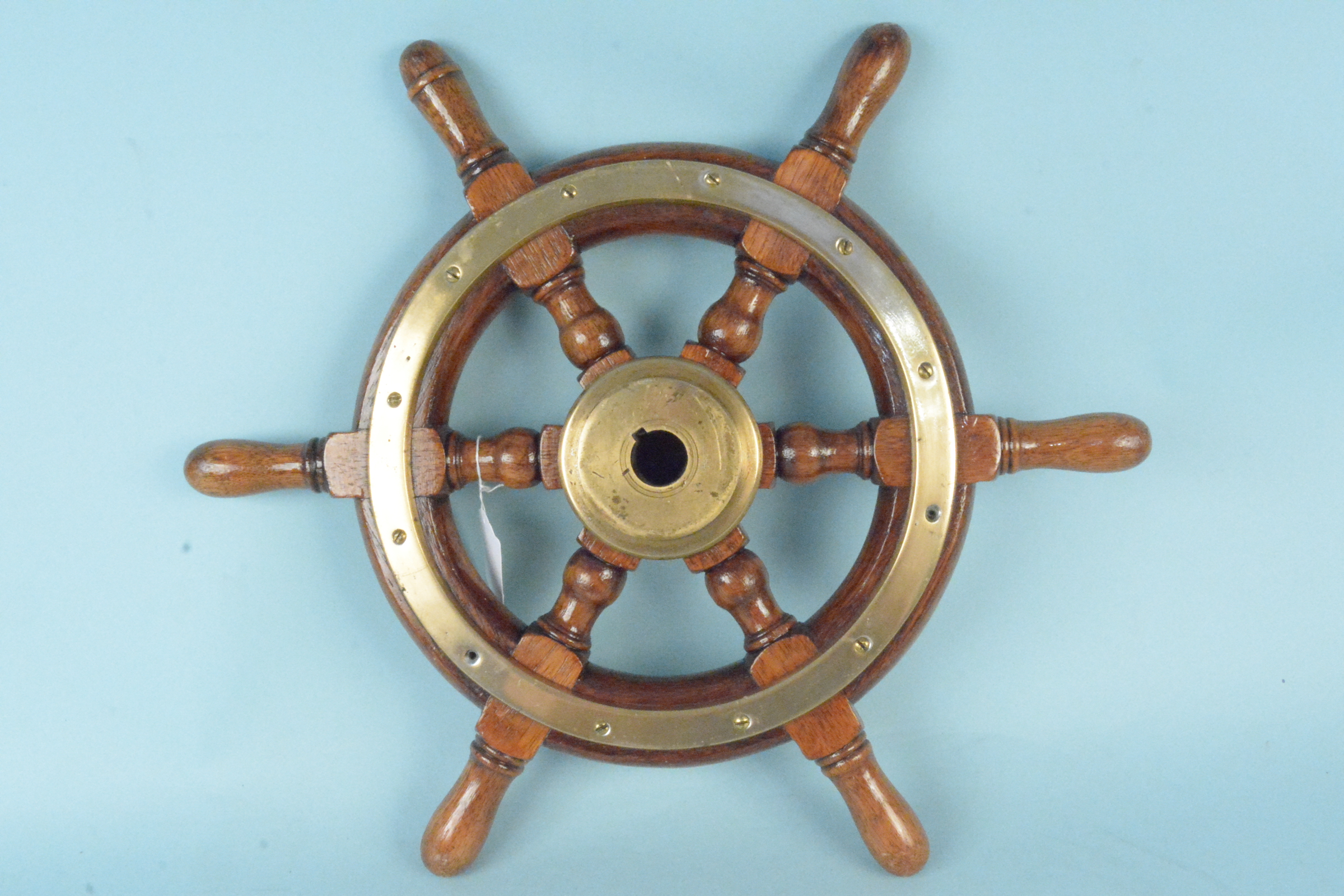 A vintage wood and brass ships wheel, - Image 3 of 3