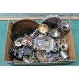 A box of mixed metalwares, silver plate, pewter etc,