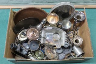 A box of mixed metalwares, silver plate, pewter etc,