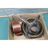 A box of mixed metalwares including a seamed lidded saucepan,