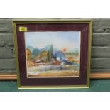 A framed watercolour of a house in landscape signed Lois Bull,