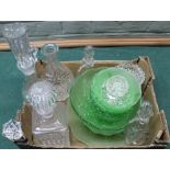 A 1930's frosted green glass fruit set, three cut glass decanters,