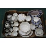 A box of mixed tea sets including Tuscan china, an extensive Victorian white and gilt set,