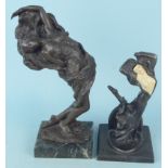 An unsigned Art Nouveau style bronze figure on marble base, 35cm tall plus a painted metal figurine,