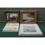 Four framed oils on board by local artist David Balder, beach, mill and barn scenes,