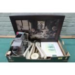 A mixed lot including a Gnome projector, two washing tongs, a 1930's dressing table set, prints,