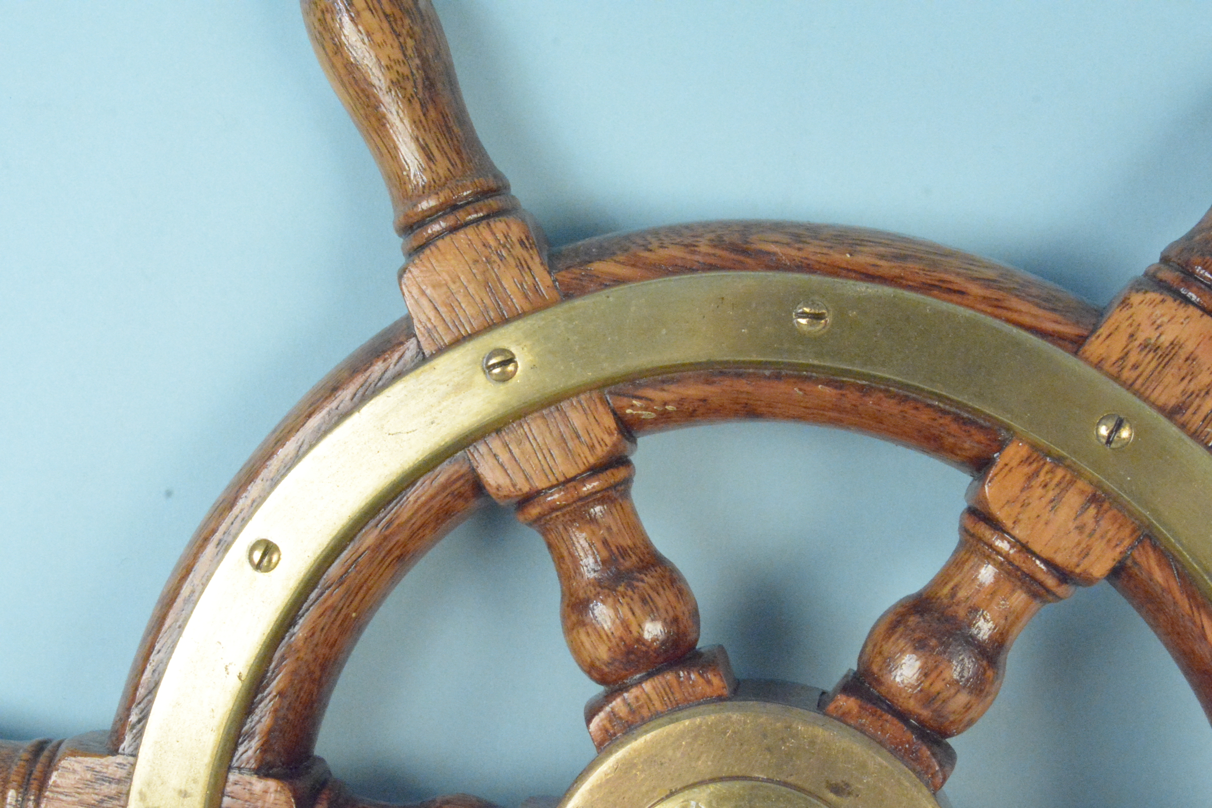 A vintage wood and brass ships wheel, - Image 2 of 3