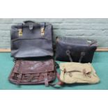 Four various leather bags and canvas satchel, one marked B.R.