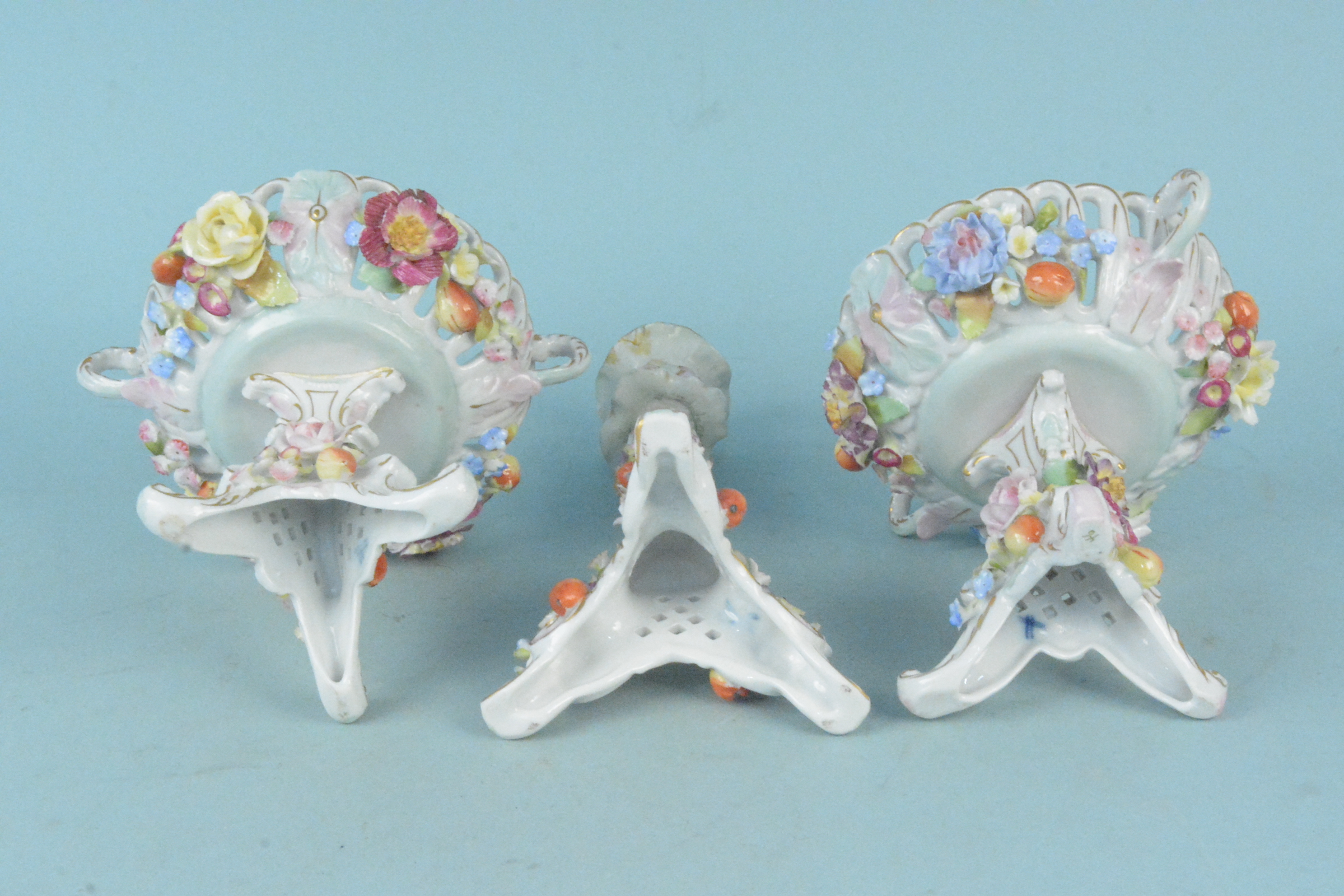 A pair of antique Dresdon hand painted bon bon dishes elaborately decorated with flowers, - Image 3 of 3