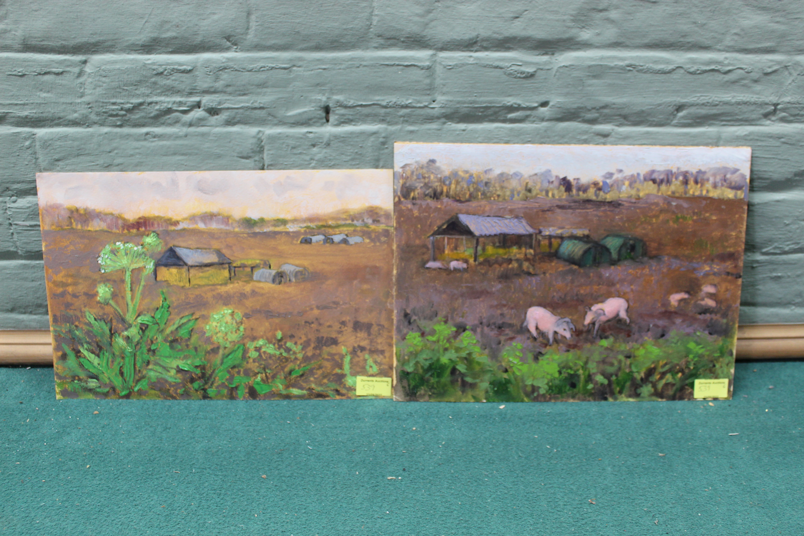 An unframed oil on canvas of a churchyard, a pair of unframed oils on board of pigs and pig pens, - Image 2 of 3