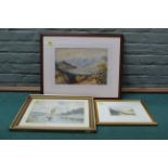 Three indistinctly framed watercolours of river and mountain scenes,