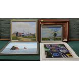 Five framed oils on board by local artist David Balder, boats, rural, flowers and traffic scene,