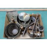 A box of mixed wood and metalwares including a pair of barley twist candlesticks, fire irons,