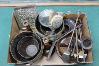 A box of mixed wood and metalwares including a pair of barley twist candlesticks, fire irons,