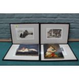 Four framed engravings of historic buildings together with two oil paintings depicting ladies