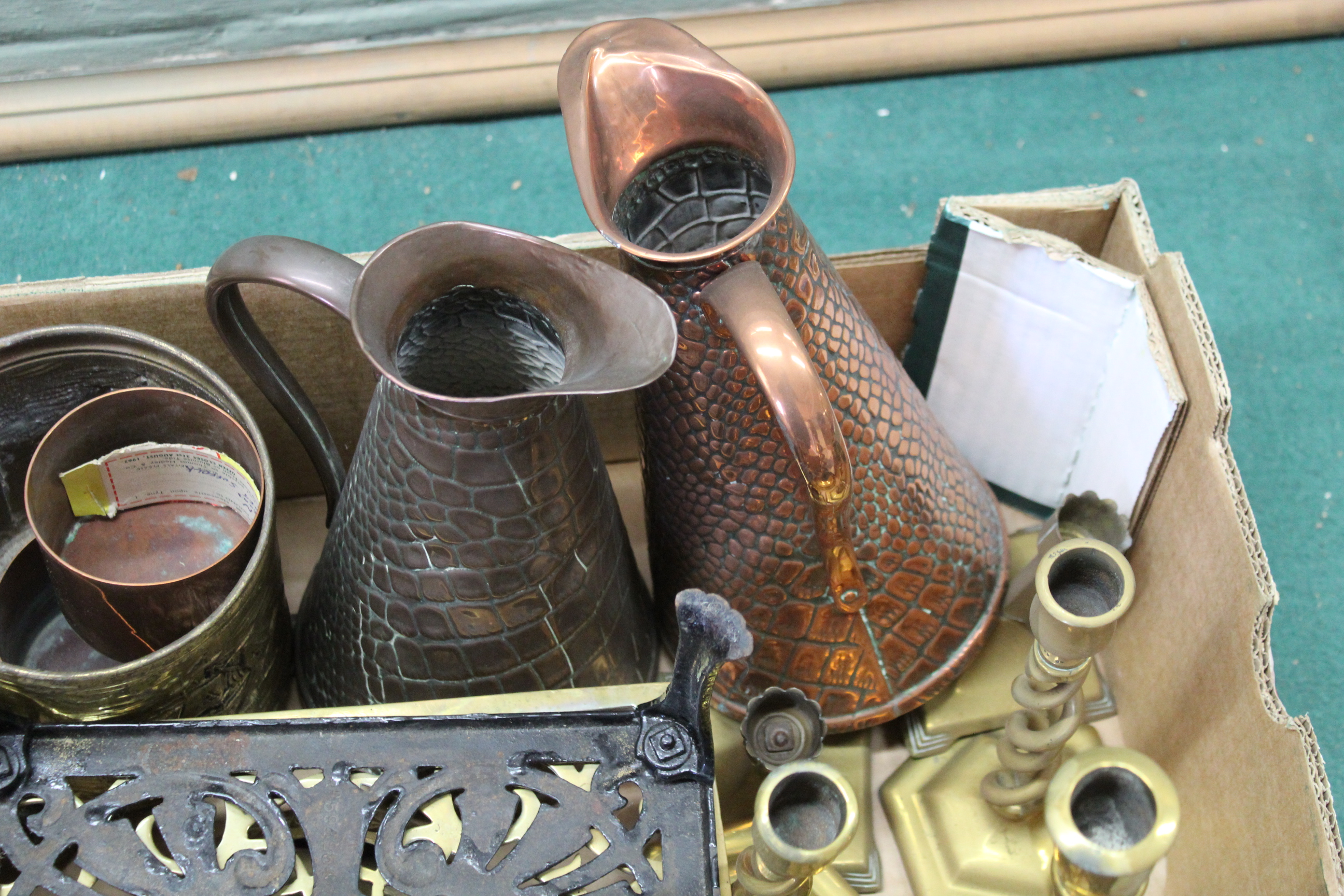 A box of brass and copper wares including candlesticks, - Image 3 of 3