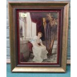 Victorian crystoleum framed picture of a young lady with a harp, domed glass, 35cm x 24.