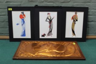 Diane Melville Kaye, three mounted fashion prints of Art Deco style ladies,