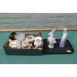 Two Nao figurines, a small selection of china and glass plus an ebony carved figure