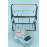 A vintage Smiths Enfield blue painted metal drop dial wall clock plus a metal three tier rack