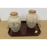An antique mahogany small tray with brass handles plus a pair of stoneware 'Virol' advertising jars
