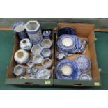 Two boxes of mixed blue and white including Chinese, a German moustache cup, Johnson Bros,