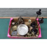 A box of mixed metalwares including candlesticks etc