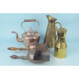 A large 19th Century seamed copper kettle, brass jug by J S & S,