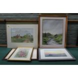 Six framed watercolours by local artist David Balder depicting rural scenes,