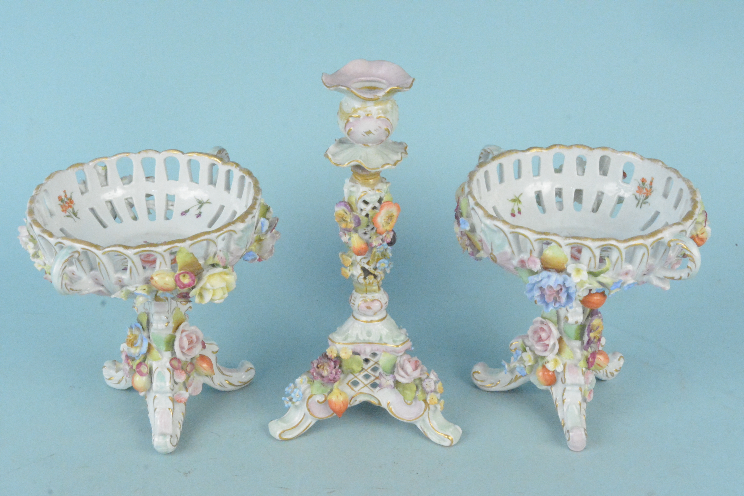 A pair of antique Dresdon hand painted bon bon dishes elaborately decorated with flowers, - Image 2 of 3