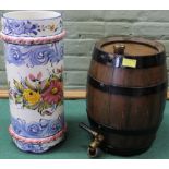 A coopered oak spirit keg plus a hand painted Portuguese umbrella stand